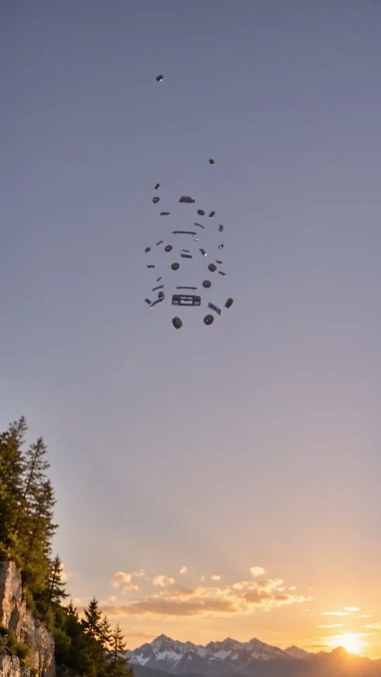 Blick nach oben in den Abendhimmel, hoch über der Bergstraße schwebt ein Schwarm winziger dunkler Autoteile