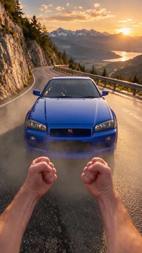 Die Teile sind zu einem blauen Nissan Skyline R34 zusammengeschlagen, unter den Reifen steht eine Staubwolke