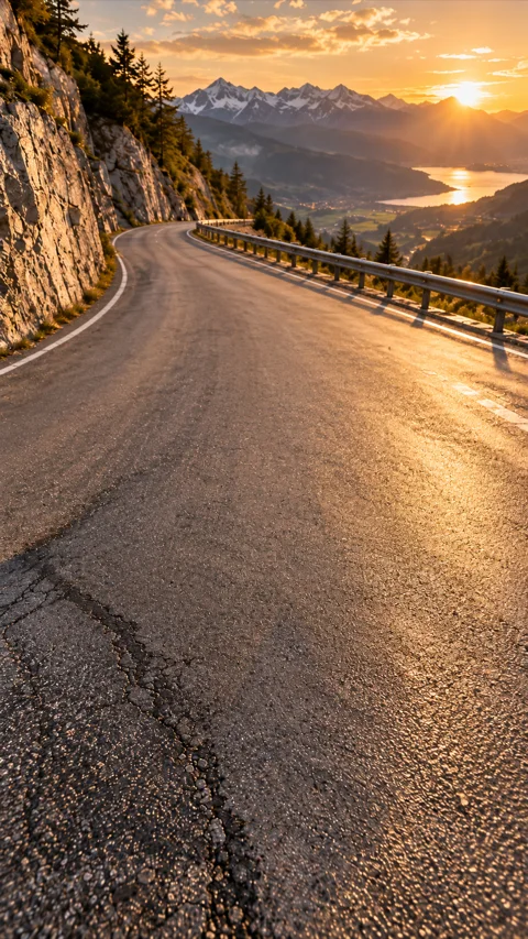 Leere Alpenstraße im Sonnenuntergang, links Felswand, rechts Leitplanke und Tal mit See, im Asphalt ein reparierter Riss
