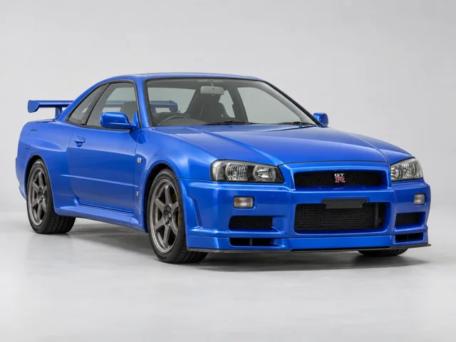 Blauer Nissan Skyline R34 GT-R von schräg vorn vor hellgrauem Studiohintergrund