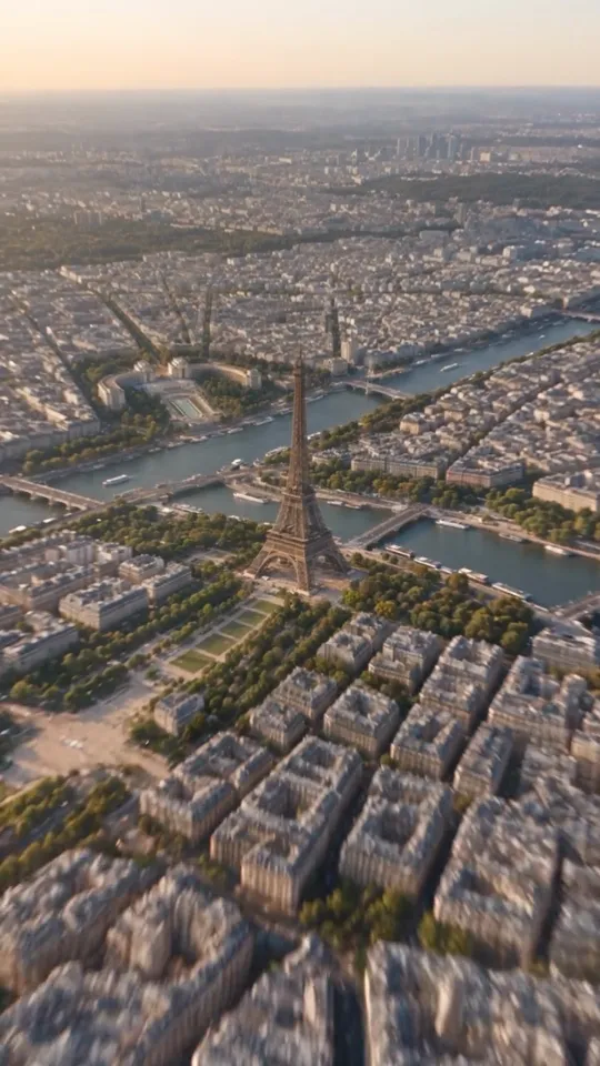 Luftaufnahme des echten Paris mit Eiffelturm, Champ de Mars, Seine und Haussmann-Blöcken im Abendlicht
