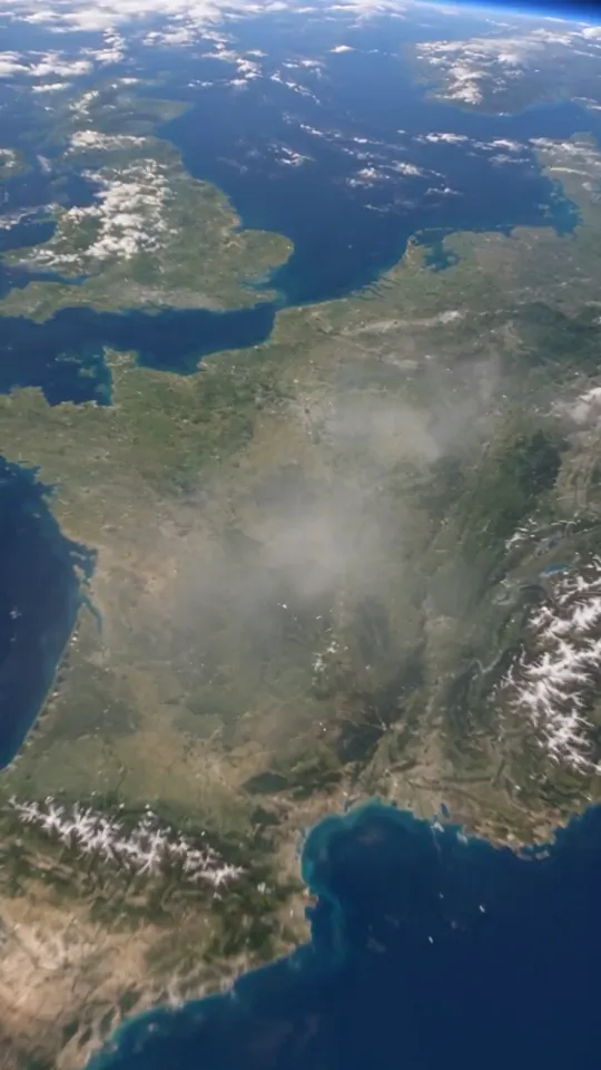 Satellitenblick auf ganz Frankreich, Atlantikküste, Pyrenäen und Alpen erkennbar, dünne Wolkenfelder darüber