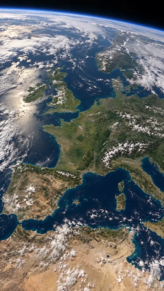 Westeuropa aus dem niedrigen Erdorbit, gekrümmter Horizont mit dünner blauer Atmosphäre vor schwarzem Weltraum
