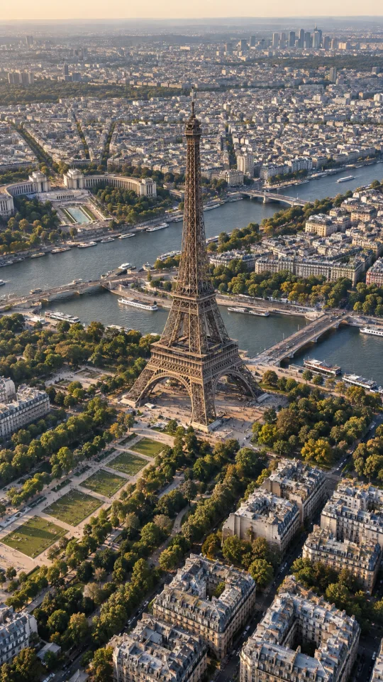 Echte Luftaufnahme von Paris, Eiffelturm mittig, Champ de Mars, Seine und Pont d’Iéna, dichte Haussmann-Blöcke