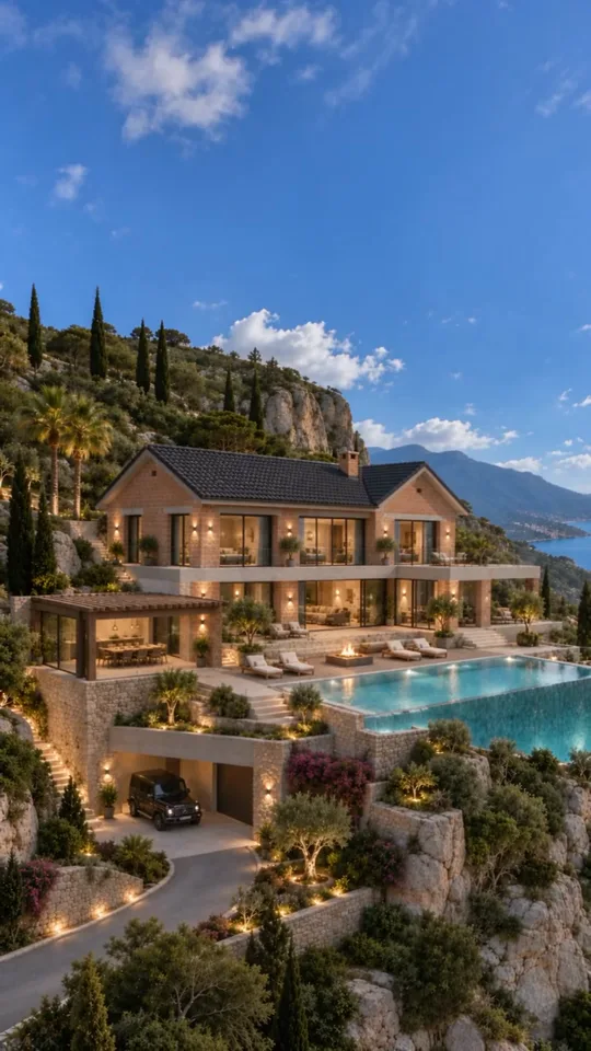 Die fertige Villa in der Dämmerung, warm beleuchtete Fenster, Infinity-Pool über dem Meer