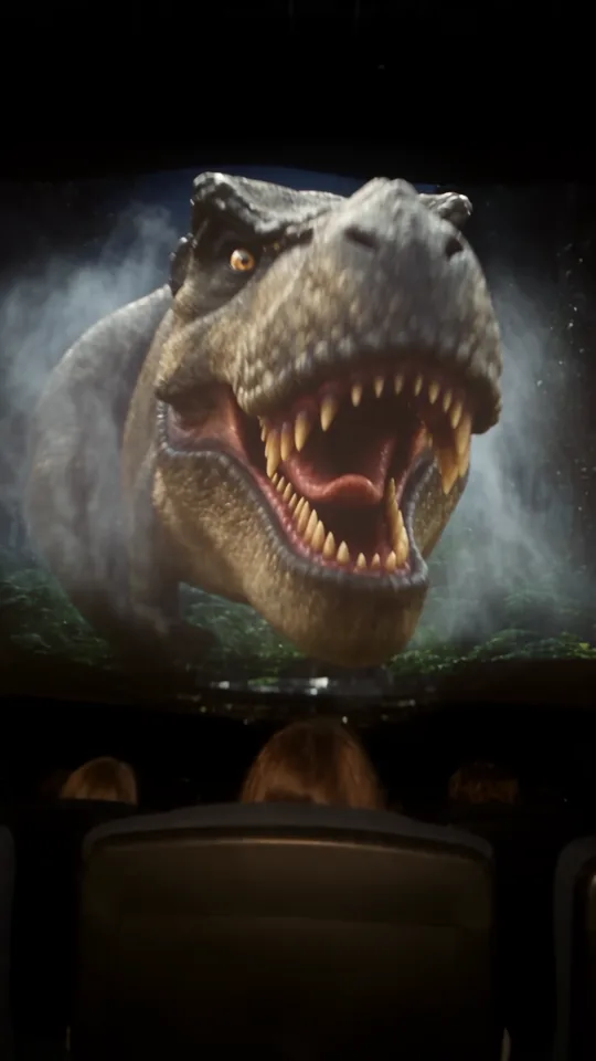 Der Kopf des T-Rex ragt plastisch aus der Leinwand heraus in den Kinosaal, das Maul ist geöffnet