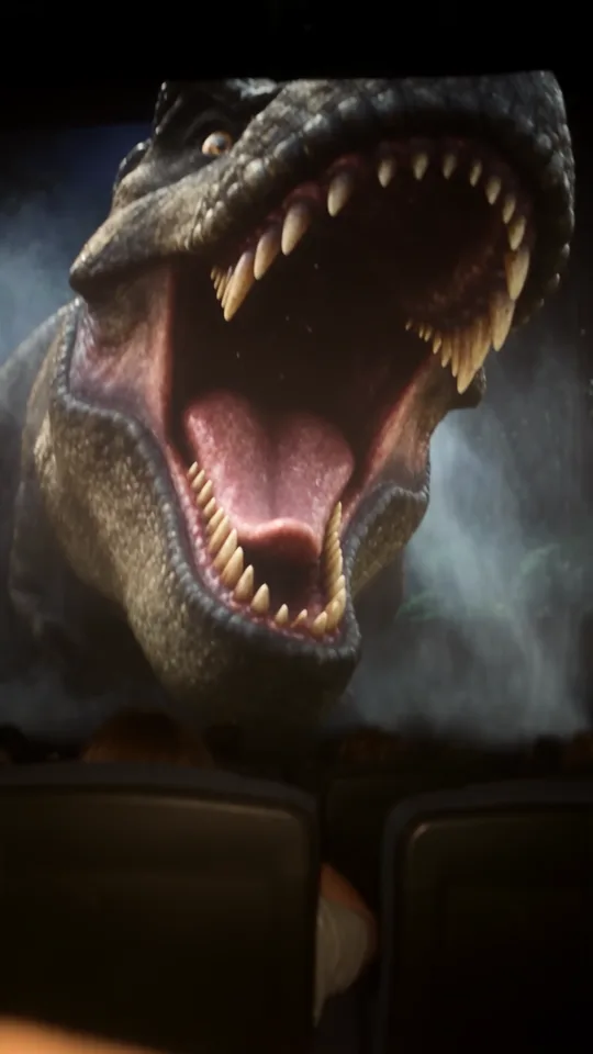 Nahaufnahme des aufgerissenen T-Rex-Mauls, das fast das ganze Hochformat füllt, unten die Kinositze