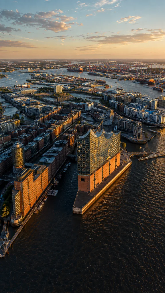 Startframe: Hamburger Hafencity aus der Luft im Abendlicht