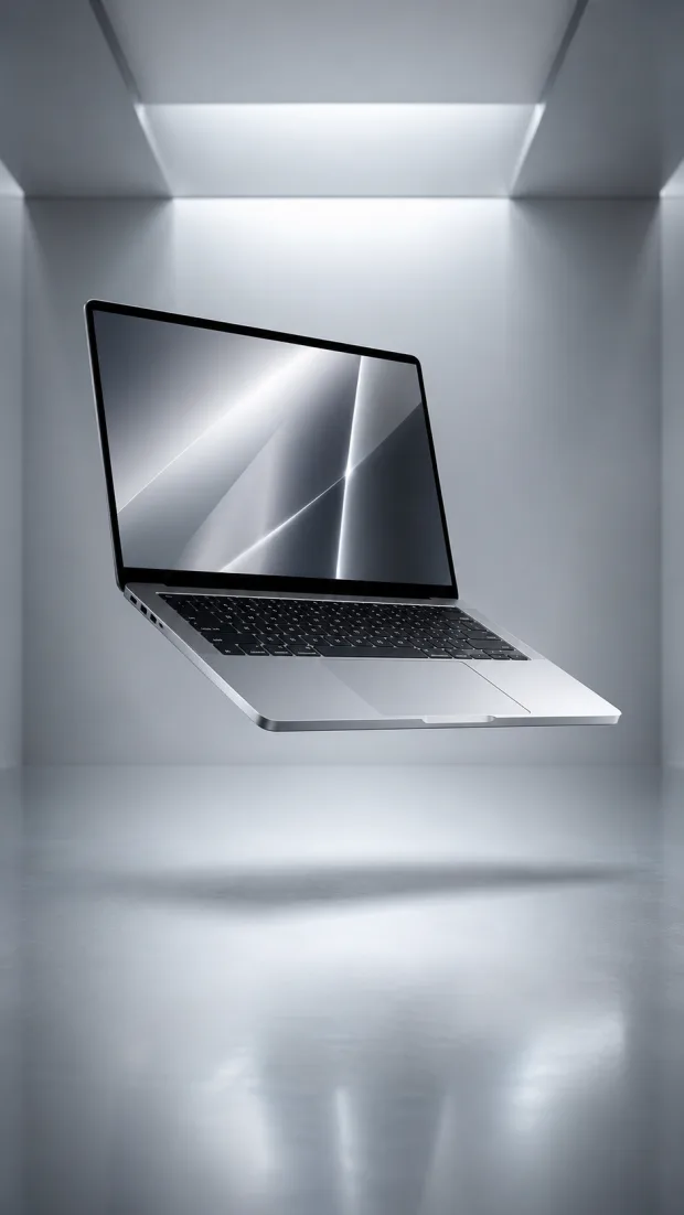 MacBook Pro von vorne, aufgeklappt, in einer hellen Studiobühne schwebend