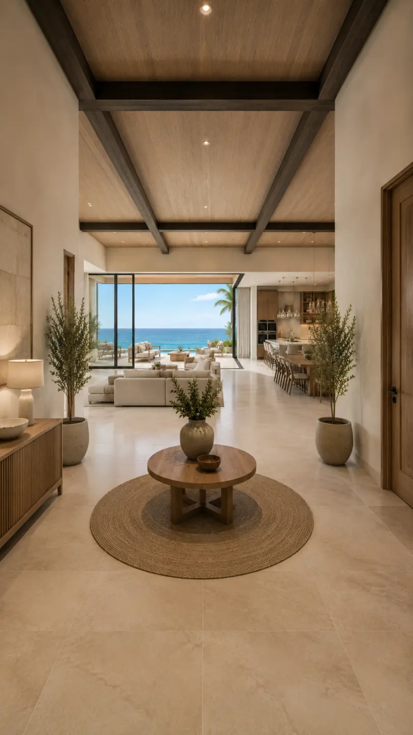 Eingangshalle mit hoher Holzbalkendecke, Sideboard, rundem Beistelltisch auf Juteteppich und freiem Blick durch den Wohnbereich aufs Meer