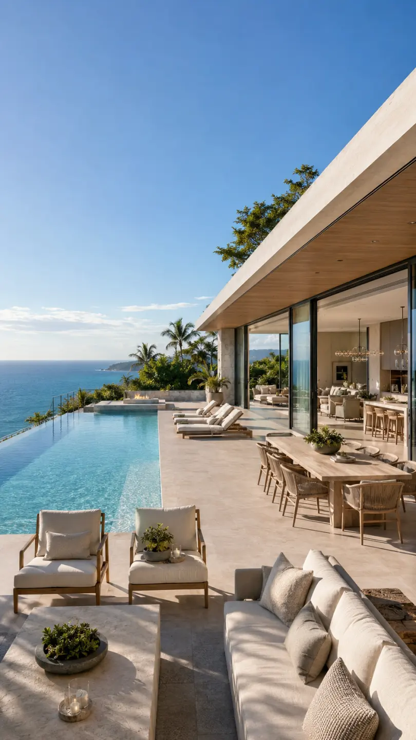 Terrasse mit Infinity-Pool, Liegen, Esstisch im Freien und Lounge, dahinter die geöffnete Glasfront der Villa und der offene Atlantik