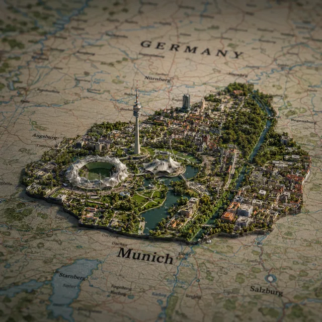 Quellbild: Miniatur-Diorama des Münchner Olympiaparks auf einer Landkarte