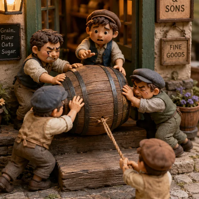 Quellbild: winzige Knet-Figuren wuchten ein Fass über die Stufe vor einem Krämerladen