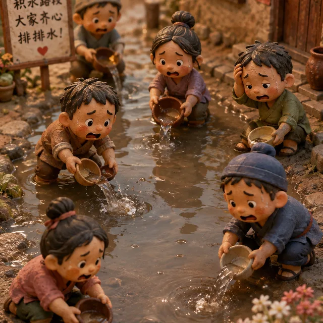 Quellbild: winzige Knet-Figuren schöpfen mit Schalen eine überflutete Dorfgasse leer