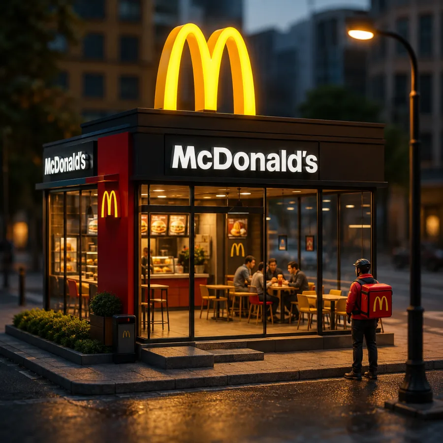 Fotorealistisches Miniatur-Modell eines Fast-Food-Restaurants mit Glasfassade, beleuchtetem Innenraum und leuchtendem Dach-Logo