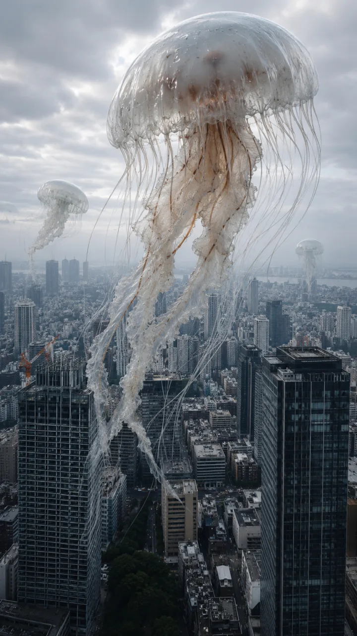 Hausgroße durchsichtige Quallen treiben zwischen den Hochhäusern von Tokio, ihre Tentakel hängen bis zwischen die Gebäude