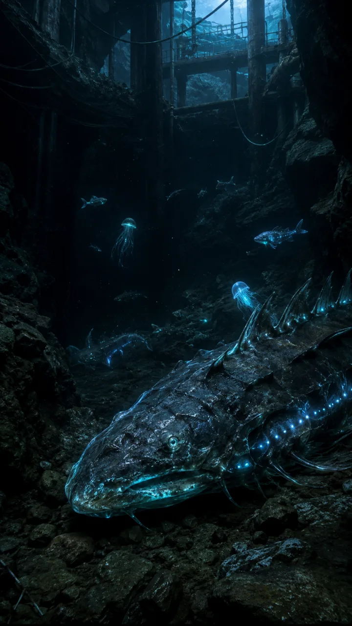 Dunkle Unterwasserhöhle unter Hamburg mit einem großen biolumineszenten Fisch im Vordergrund und leuchtenden Quallen in der Tiefe