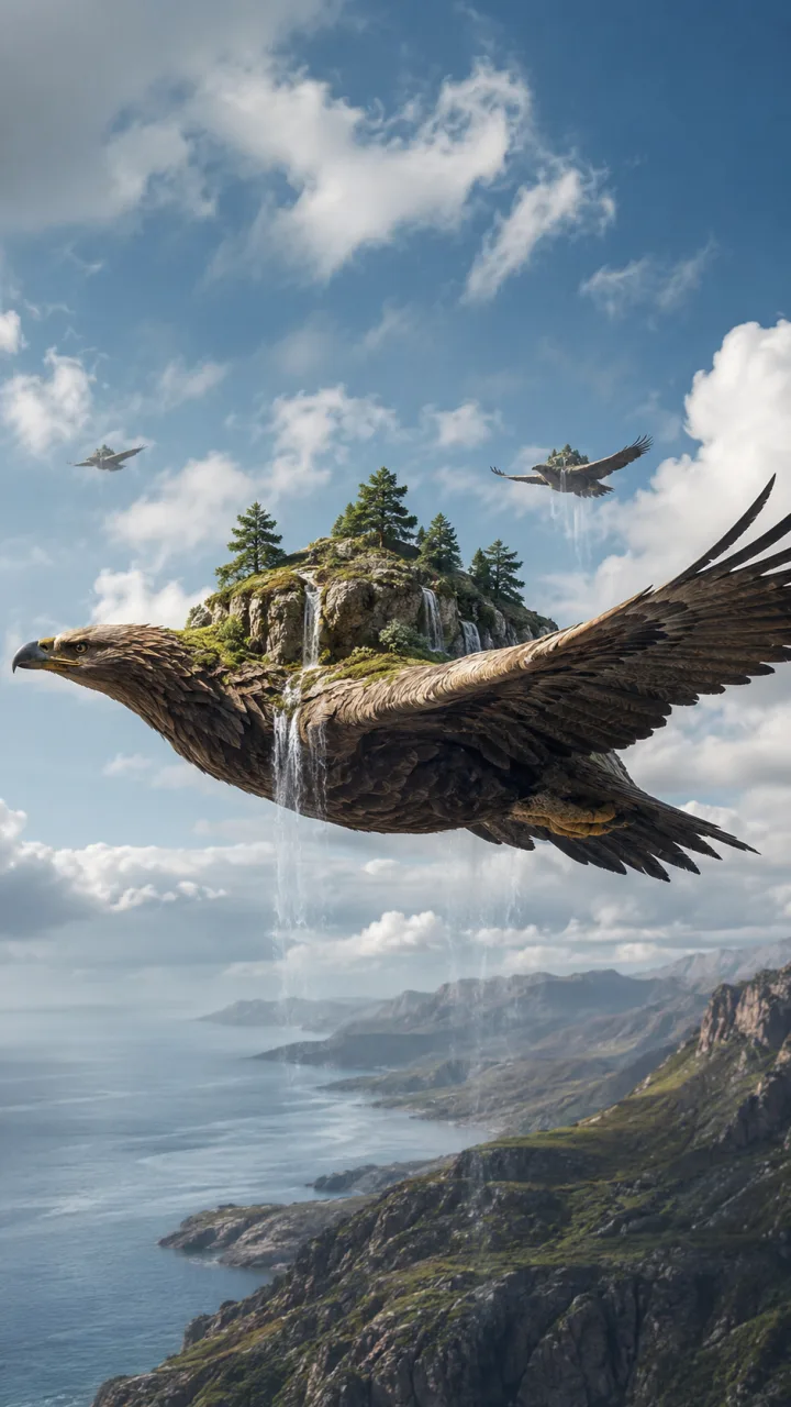 Riesige Greifvögel fliegen über eine Steilküste und tragen kleine begrünte Inseln mit Wasserfällen auf dem Rücken