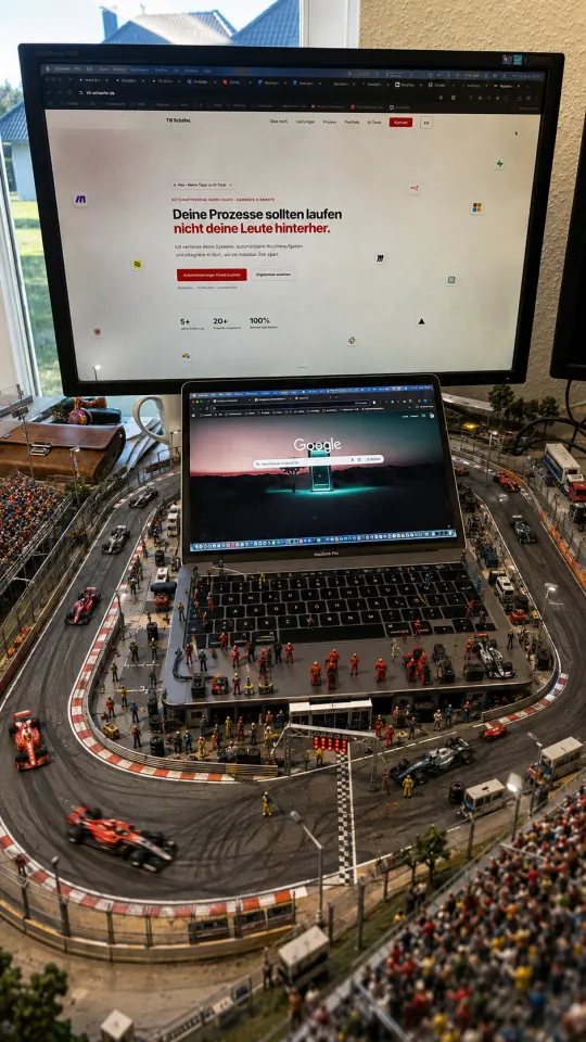 Derselbe Schreibtisch mit einem Miniatur-Formel-1-Kurs samt Curbs, Tribünen und Boxengasse rund um das MacBook