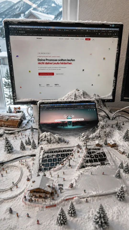 Derselbe Schreibtisch als Miniatur-Skigebiet mit Schnee, Liftmasten, Hütten und Tannen auf der Tastatur