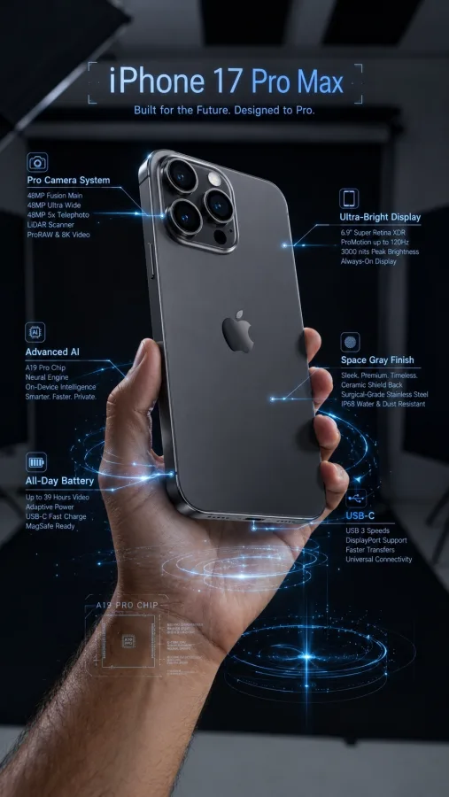 Route B: ein iPhone in der Hand mit beschrifteten Callouts zu Kamerasystem, Display, Chip, Finish, Akku und Anschluss, verbunden über dünne Linien