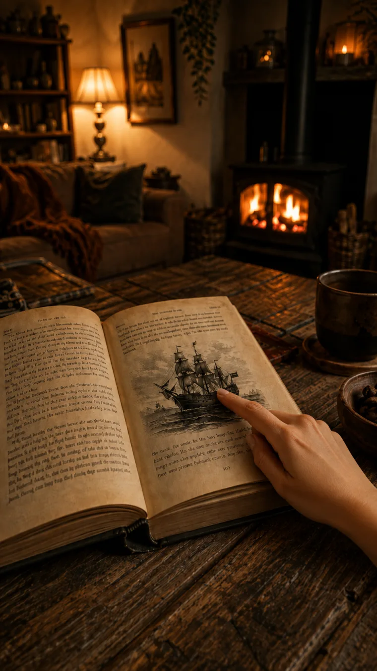 Aufgeschlagenes Buch auf einem Holztisch vor einem Kaminfeuer, ein Zeigefinger tippt auf die gedruckte Illustration eines Piratenschiffs