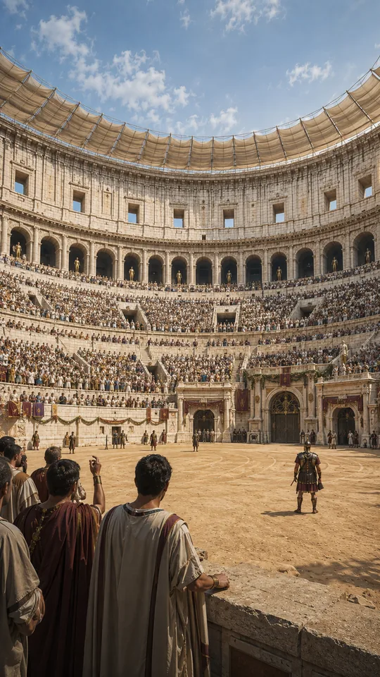 Keyframe 6: der Blick von innen in die volle Arena mit Gladiatoren