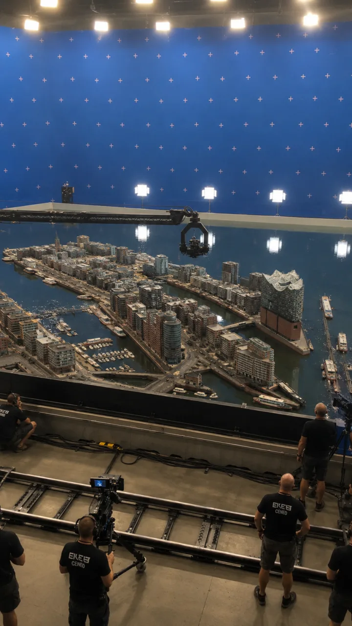 Von ChatGPT generiertes Standbild: Miniatur der Hamburger HafenCity im Wassertank eines Filmstudios
