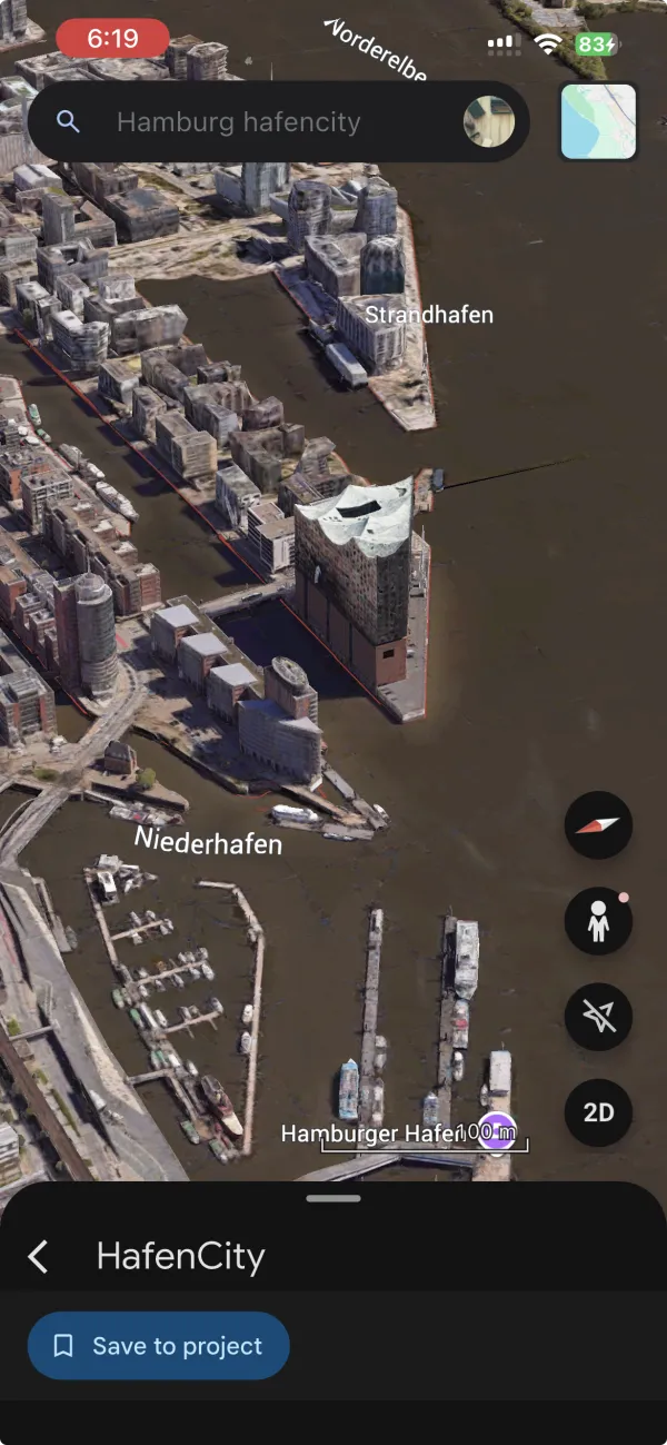 Google-Maps-3D-Ansicht der Hamburger HafenCity mit Elbphilharmonie, schräg von oben