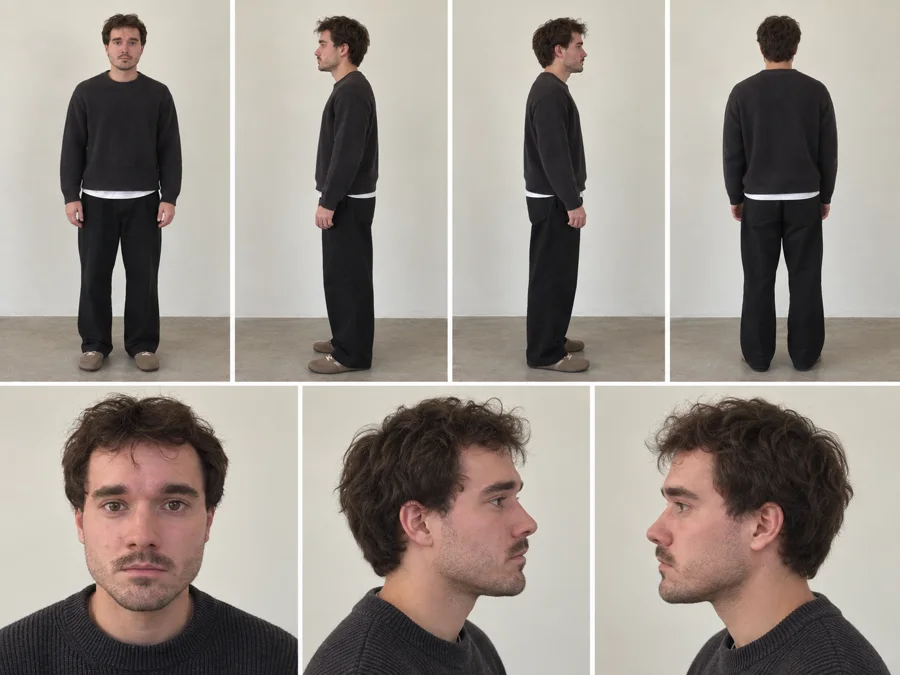 Character Sheet eines Mannes im grauen Pullover: vier Ganzkörperaufnahmen von vorn, halb seitlich, im Profil und von hinten, darunter drei Kopfaufnahmen