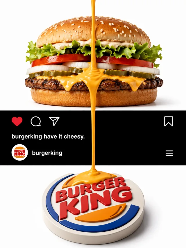 Quellbild: Burger über einer schwarzen Instagram-Leiste, darunter ein dreidimensionales rundes Logo-Objekt