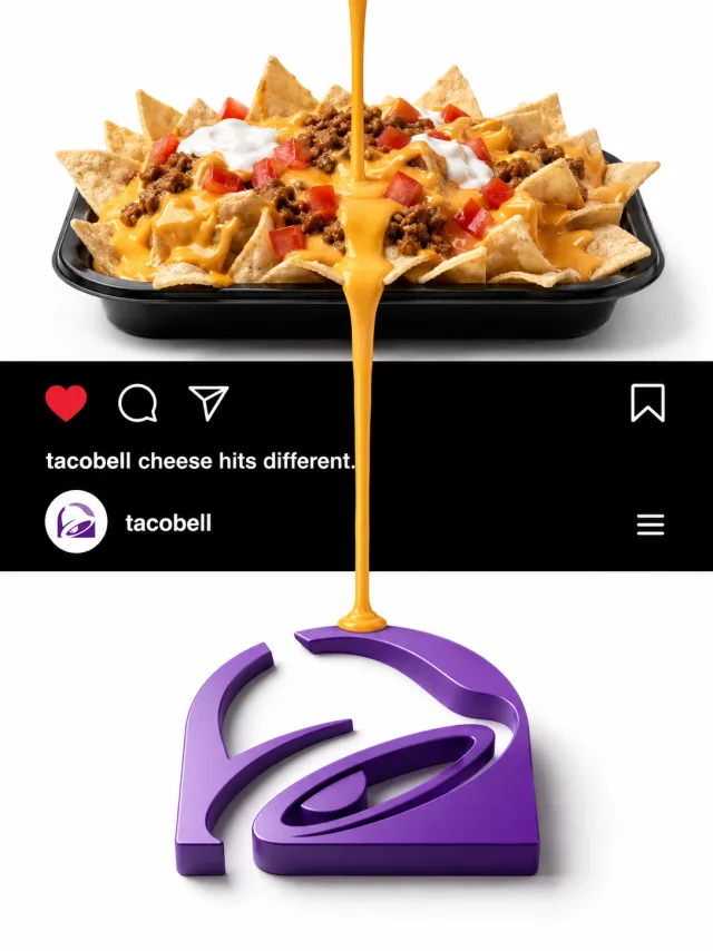 Quellbild: Nachos über einer schwarzen Instagram-Leiste, darunter ein dreidimensionales violettes Logo-Objekt