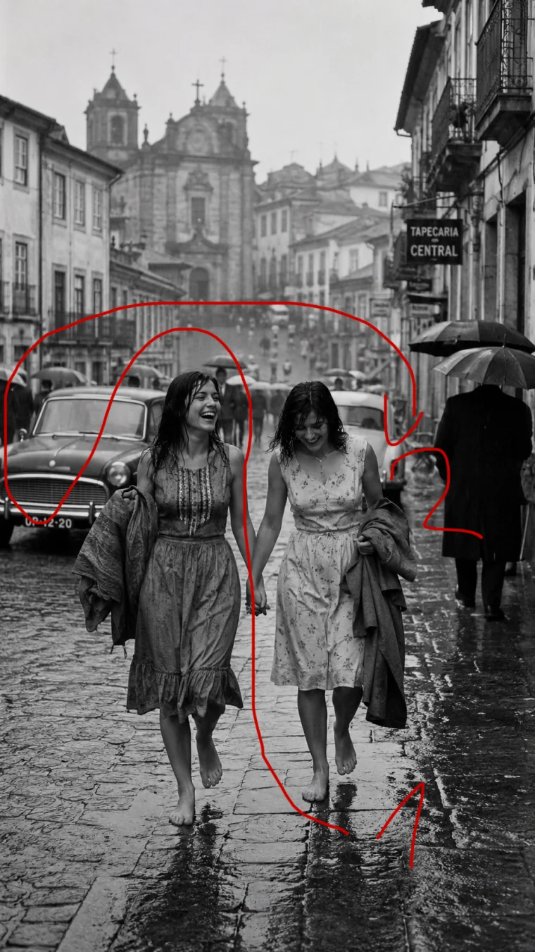 Schwarzweiß-Straßenfoto: zwei barfüßige Frauen laufen Hand in Hand durch den Regen, dahinter Oldtimer, Menschen mit Schirmen und eine Kirche. Über das Bild ist mit dickem rotem Pinsel eine Linie gemalt, die von den Füßen der Frauen nach oben führt, links um das Auto schlingt, quer über die Straße läuft und rechts bei einer gemalten Zwei endet