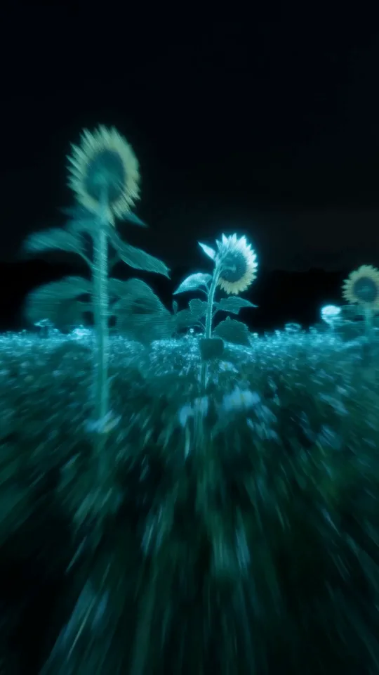 Eine einzelne Sonnenblume steht als türkis leuchtendes Drahtgitter vor schwarzem Nachthimmel, darunter zieht das Feld in Bewegungsunschärfe vorbei