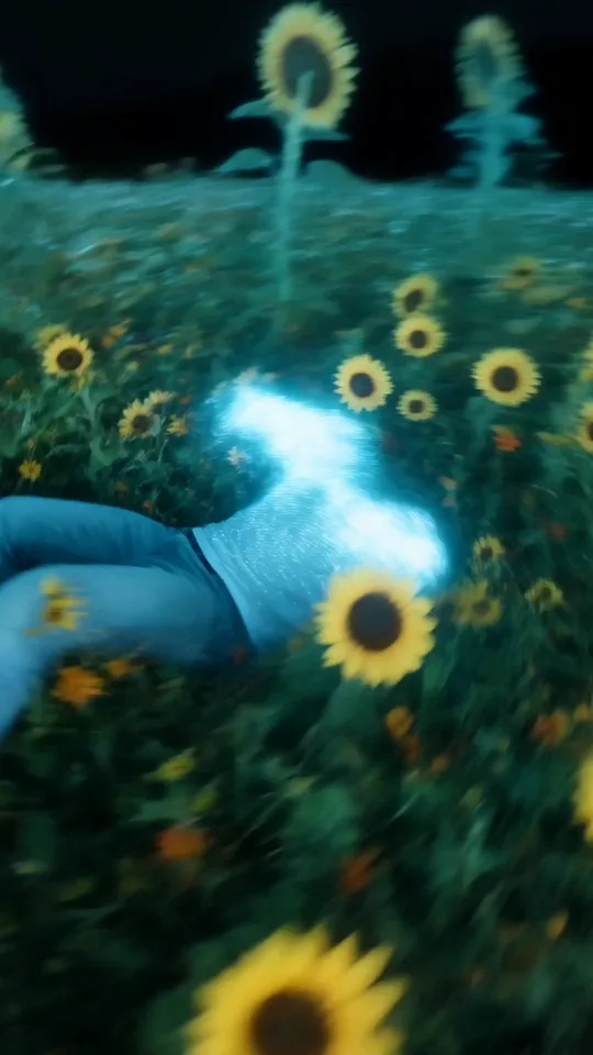 Zwischen farbigen Sonnenblumen zeichnet der Scan einen liegenden Körper als weiß leuchtende Fläche nach