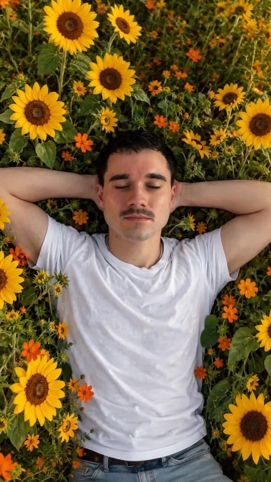 Der letzte Frame des Clips ist exakt das hochgeladene Foto: ein Mann im weißen Shirt liegt mit geschlossenen Augen in einem Sonnenblumenfeld