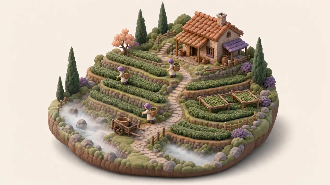 Szene 1: isometrisches Clay-Diorama mit Teefeldern, Steinpfad und einem kleinen Hof