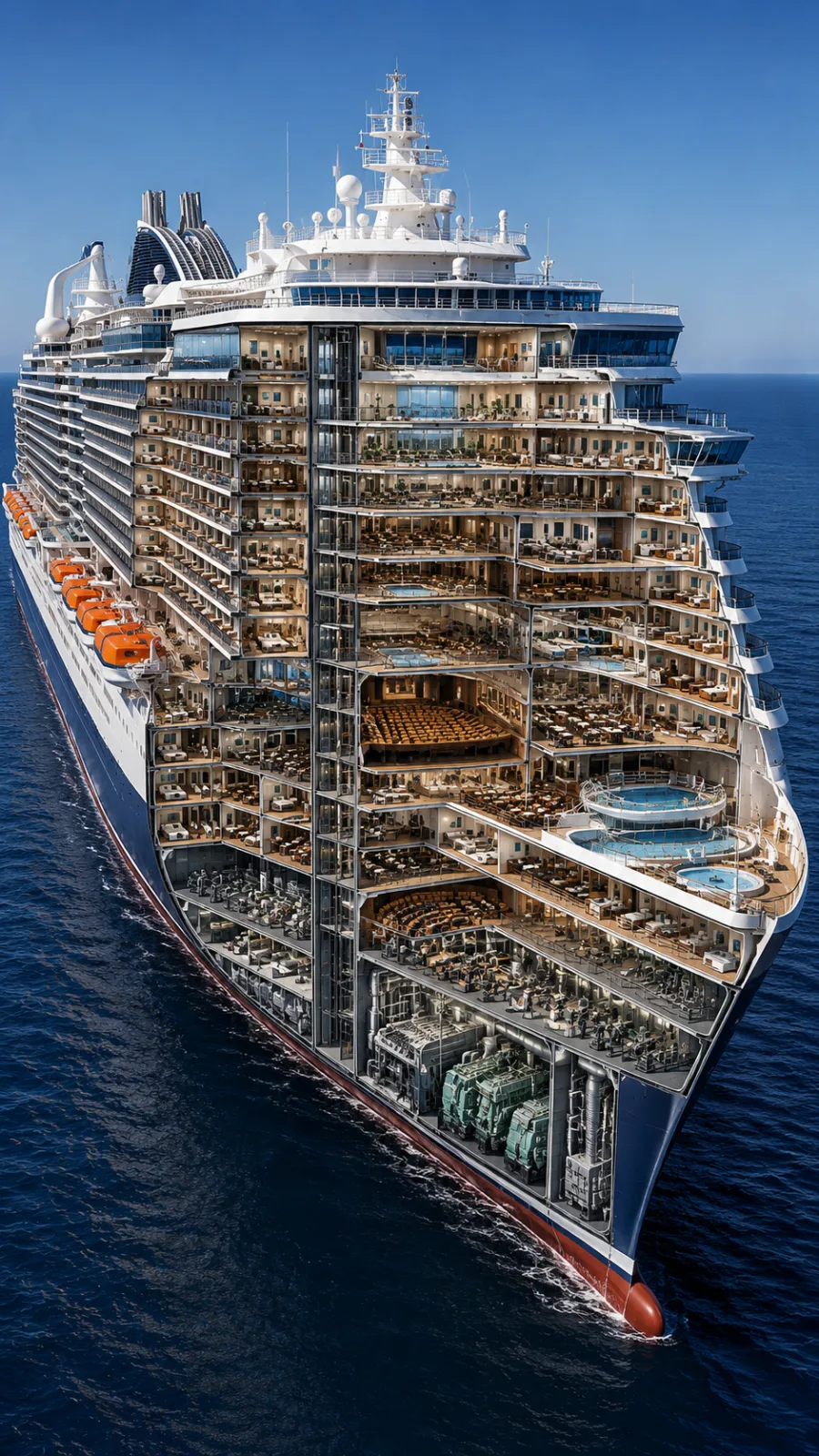 Dasselbe Schiff mit aufgeschnittener Bordwand, Decks und Maschinenraum sichtbar