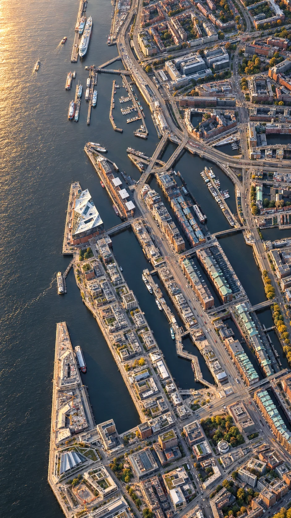 Dieselbe Stadtlandschaft als schräges Luftbild im Abendlicht, ohne Beschriftungen, mit langen Schatten und spiegelndem Wasser