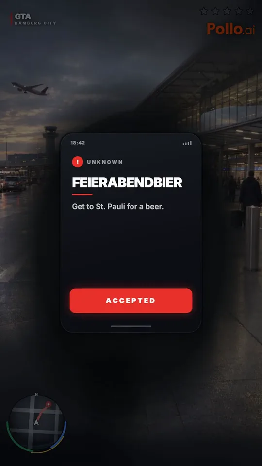 Vor dem Flughafenterminal schiebt sich eine dunkle Handykarte ins Bild: FEIERABENDBIER, darunter der Auftrag „Get to St. Pauli for a beer.“ und ein roter ACCEPTED-Knopf