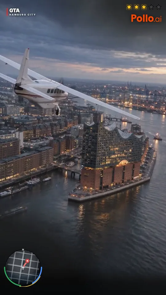 Blick aus der Maschine auf die beleuchtete Elbphilharmonie, oben rechts stehen drei Fahndungssterne