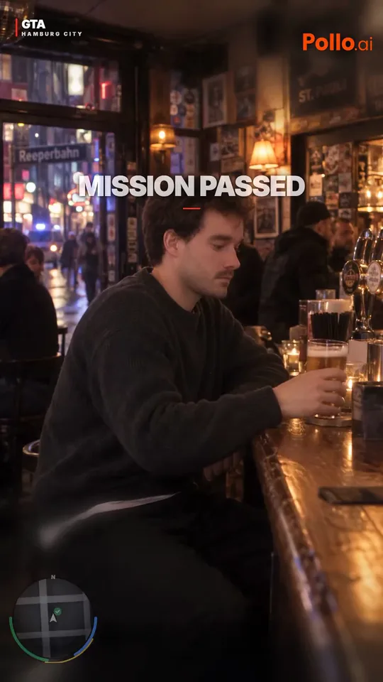 In der Kneipe am Tresen steht quer im Bild die Tafel MISSION PASSED, die Fahndungssterne sind verschwunden