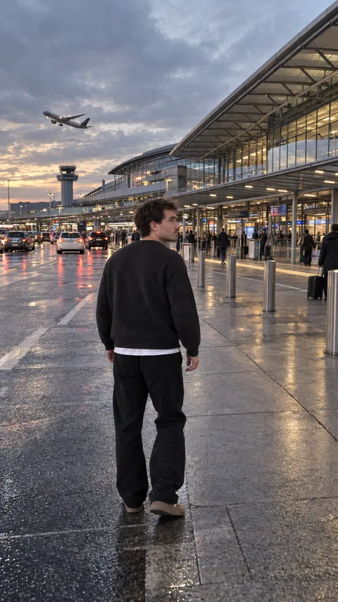 Ein Mann in dunklem Pullover geht im Regen auf das beleuchtete Terminal des Hamburger Flughafens zu, im Hintergrund startet eine Maschine