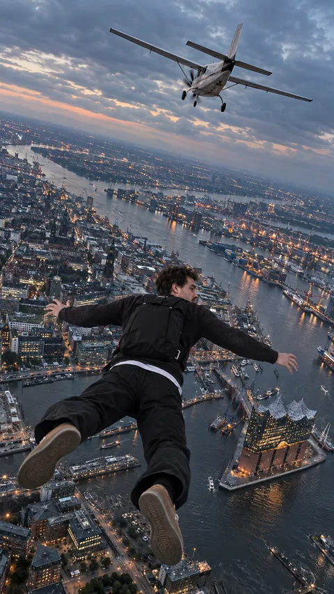 Der Mann fällt bäuchlings über der Stadt, Arme ausgebreitet, unter ihm die Elbe und die Elbphilharmonie, die Maschine fliegt ohne ihn weiter
