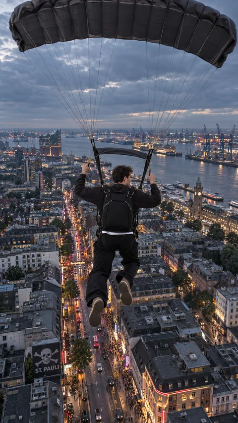 Blick von hinten über einen offenen Fallschirm auf die Straßenzüge von St. Pauli, dahinter Hafenkräne und die Elbe