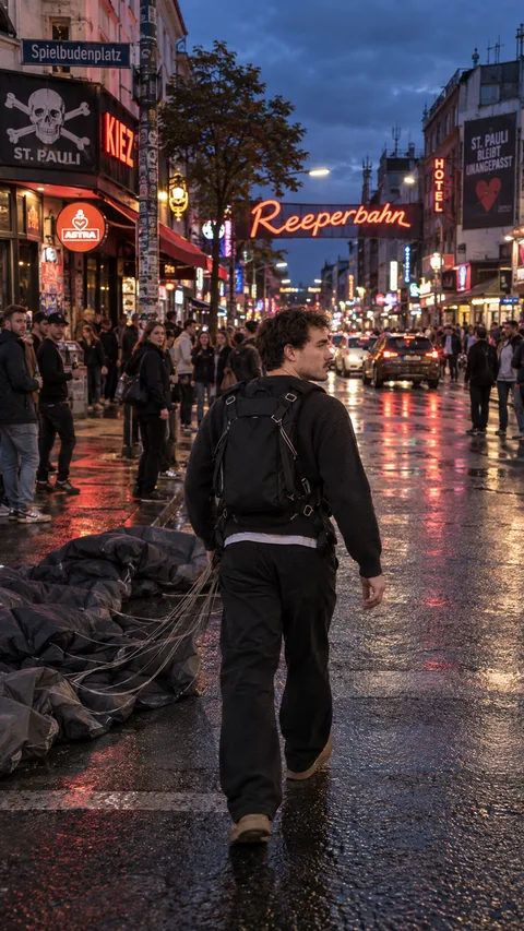 Der Mann geht mit Rucksack über die nasse Reeperbahn, hinter ihm liegt der zusammengefallene Fallschirm auf dem Asphalt, Neonschriften spiegeln sich