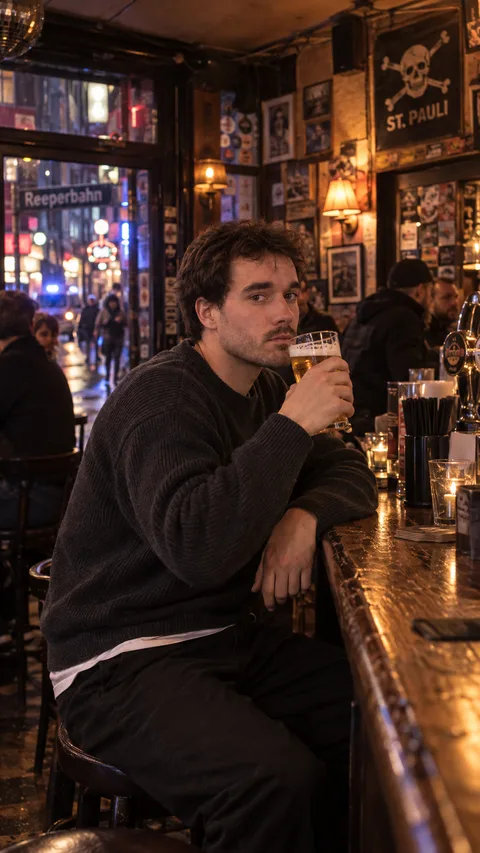 Der Mann sitzt in einer Kiezkneipe am Holztresen und trinkt ein Bier, durch das Fenster leuchtet die Reeperbahn