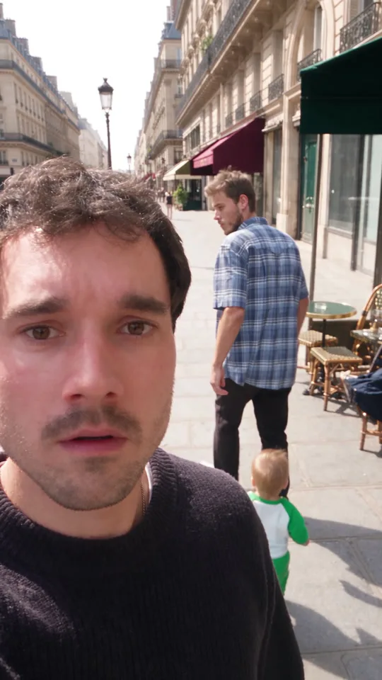 Ein Mann im Karohemd dreht sich mitten auf dem Gehweg nach dem Vlogger um, neben ihm läuft ein Kleinkind in Grün