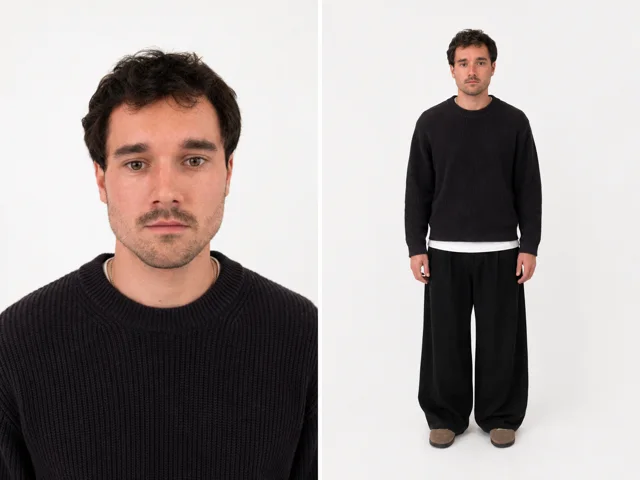 Charakterbogen: links ein Brustbild, rechts eine Ganzkörperaufnahme desselben Mannes im dunklen Pullover vor weißem Hintergrund