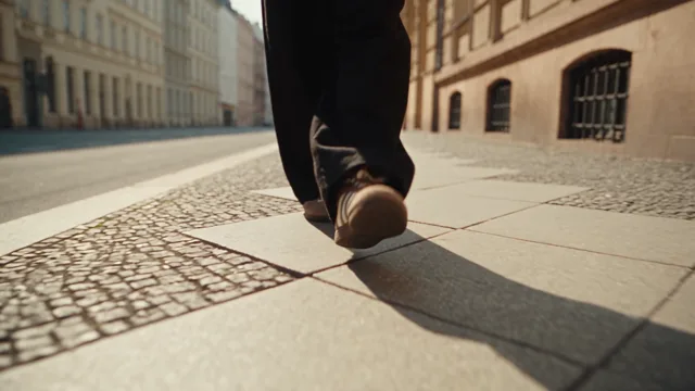 Extreme Untersicht auf Schuhe, die über graues Pflaster auf die Kamera zulaufen